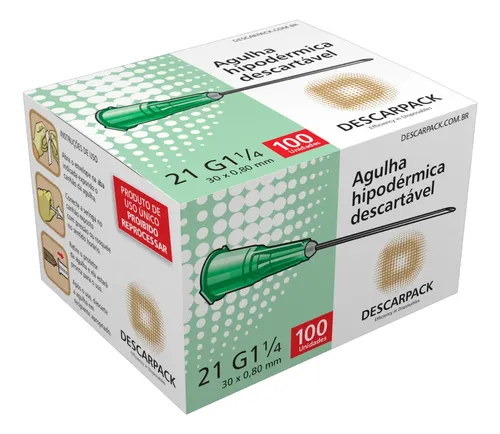 Agulha HiPodérmica 30 X 0,80mm 21g Descarpack Com 100 Unidades