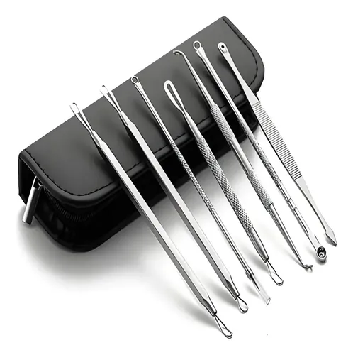 Kit 7 Curetas Extrator Cravos Espinhas Acne Espremedor Limpeza Pele Inox Com Estojo